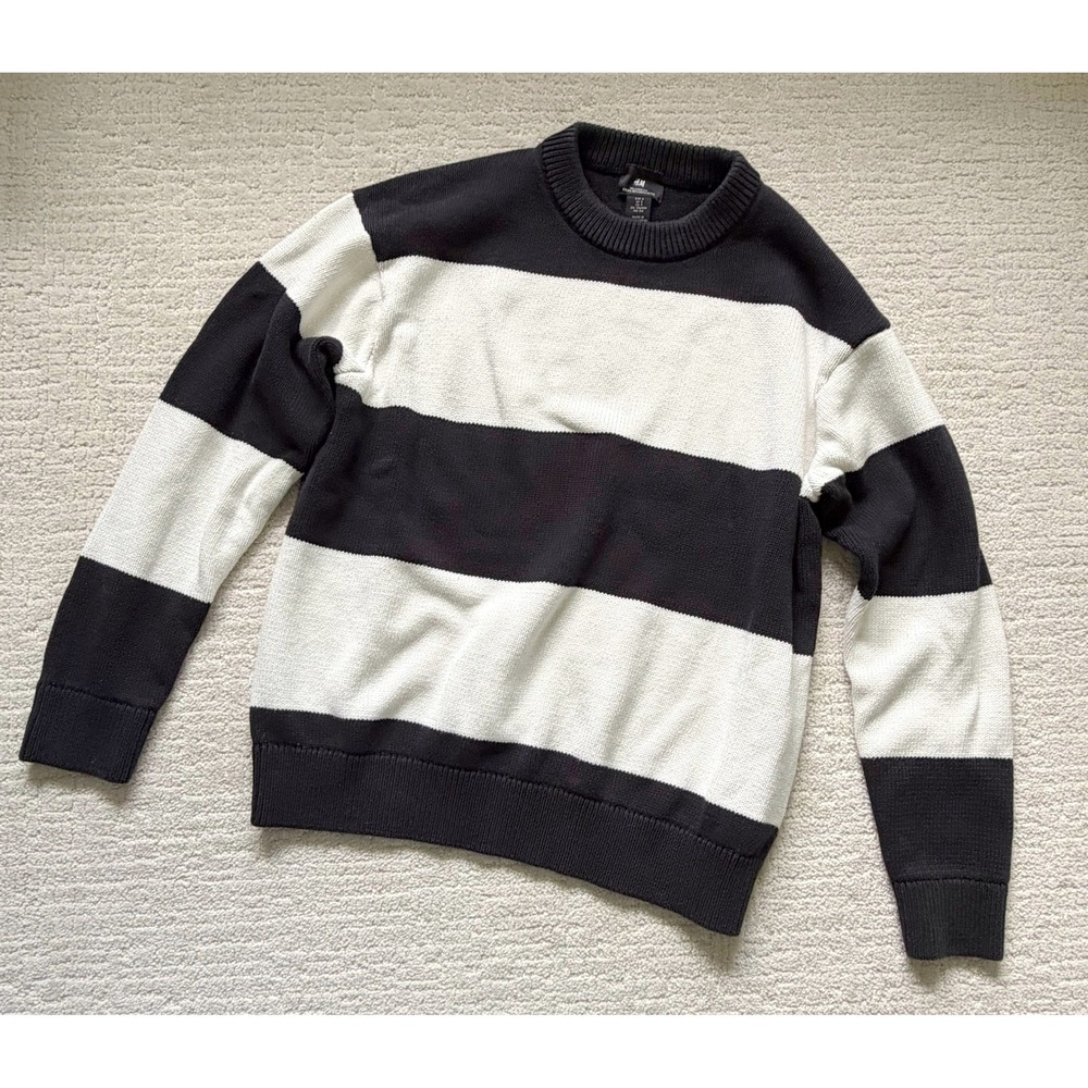 HM Relaxed Fit Striped Crewneck Sweater Black White Heavy Cotton Knit S Nautical